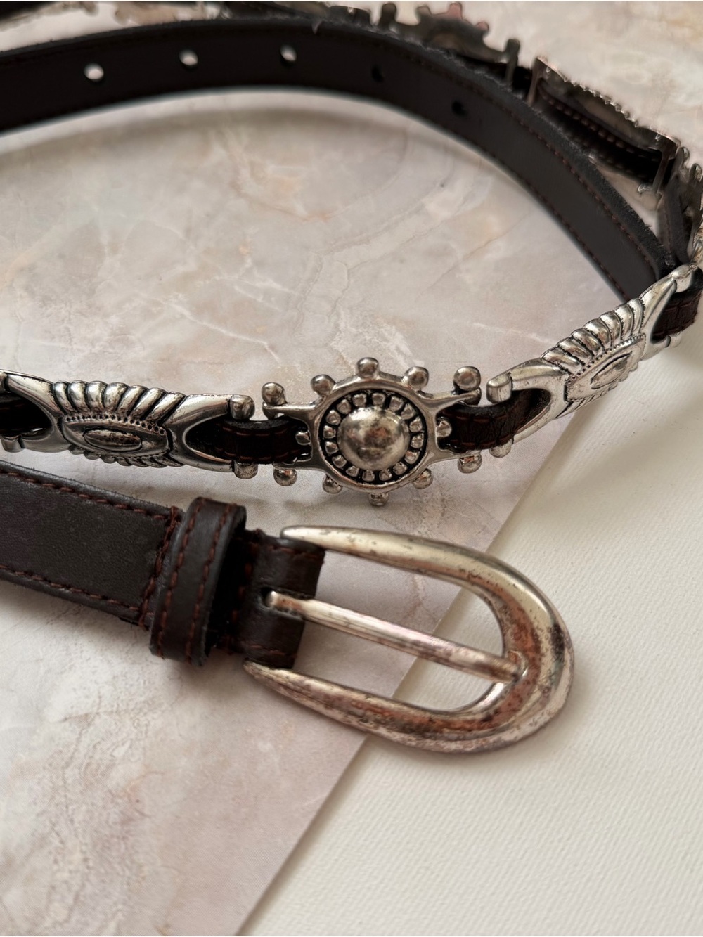 Vintage Western Boho Brown Leather Concho Link Belt Silver Hardware Size XL